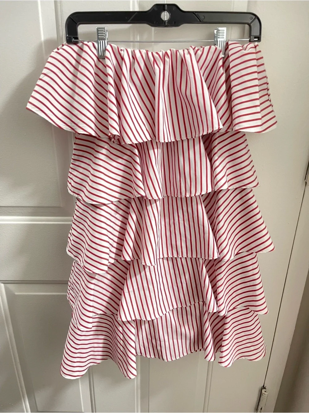 LULUS Red and White Striped Ruffle Tiered over under the Shoulder Dress Medium